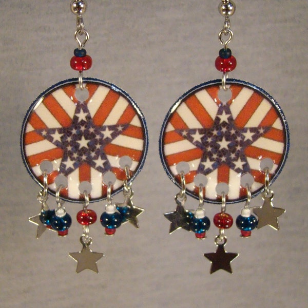 Stars and Stripes American Flag Chandelier earrings - July 4th Jewelry - Americana Star gift shop accessories - Handmade Earrings