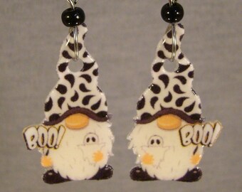 Boo Ghost Gnome Dangle Earrings - Halloween Gift shop jewelry - Black and White accessories