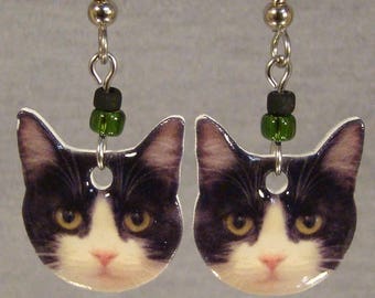 Cat Face Dangle Earrings - Black and White Kitty Jewelry - pet kitten gift shop accessories