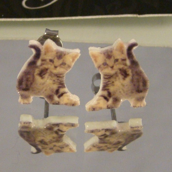 Playing Kitten Stud Earrings - American Shorthair cat jewelry - Gray Kitty Pet Rescue Fundraiser accessories