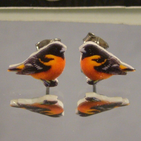 Oriole Bird Stud earrings - colorful Birds jewelry - Orange and black wildlife post earrings - lightweight bird earrings