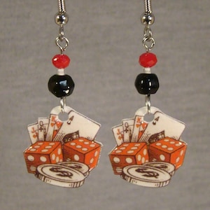 Casino Card Dangle Earrings - Poker Chip Jewelry - Dice game gift shop - I love Gambling accessories