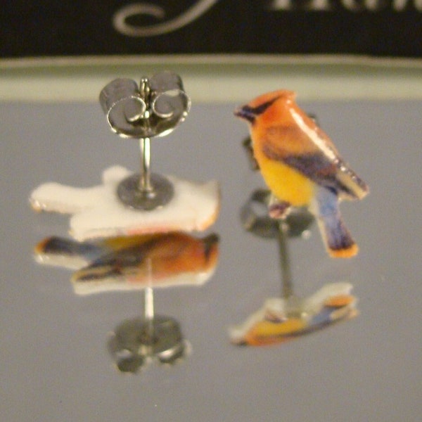 Cedar Waxwing Stud earrings - Yellow bird post earrings - Backyard Bird Jewelry - Wildlife gift shop accessories - birdwatcher gift shop