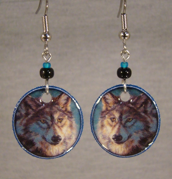 Wolf Face Dangle Earrings - Blue Wolves Photo Jewelry - Woodland gift shop accessories
