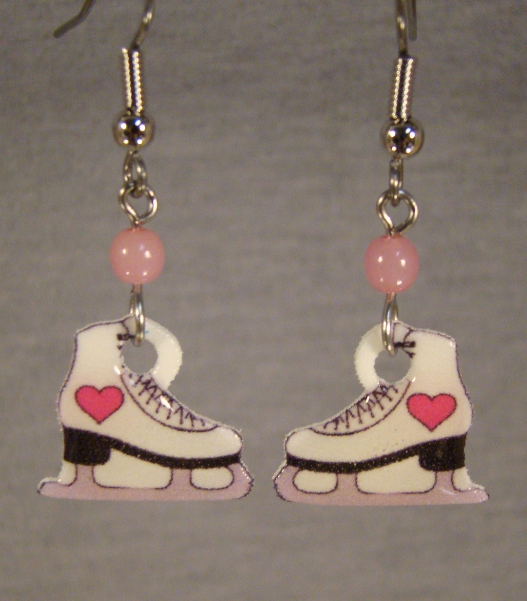 Ice Skate Dangle Earrings I Love Ice Skating Jewelry Pink Heart Skates