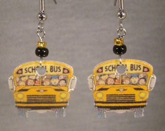 School Bus Dangle Earrings: Bus Driver Gift, Altered Art