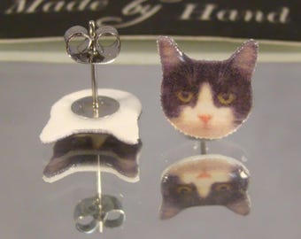 Cat Face Stud Earrings - Black and White Kitty Jewelry - Tuxedo kitten accessories