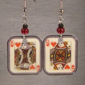 Card Suit Dangle Earrings - King and Queen of Hearts accessories - Poker Player jewelry - Playing card earrings