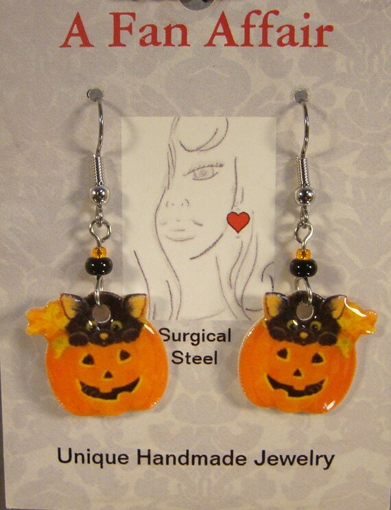 Black Cat Jack O Lantern Dangle Earrings Halloween Gift Shop