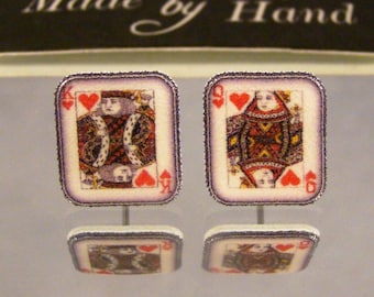 Queen & King of Hearts Stud Earrings: Handmade Card Suit Jewelry