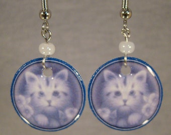 Cat Face Dangle Earrings - Flowers and kitties jewelry - Blue and white accessories