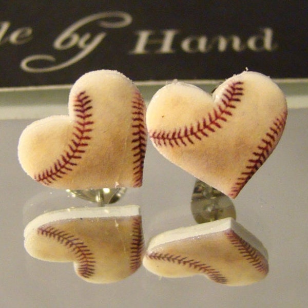 Worn Baseball heart Stud Earrings - Baseball Mom Jewelry - I love baseball gift shop accessories - worn baseball