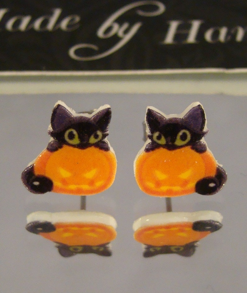 Vintage Black Cat Jack o'Lantern Stud Earrings - Halloween Costume accessories - Black and Orange jewelry 