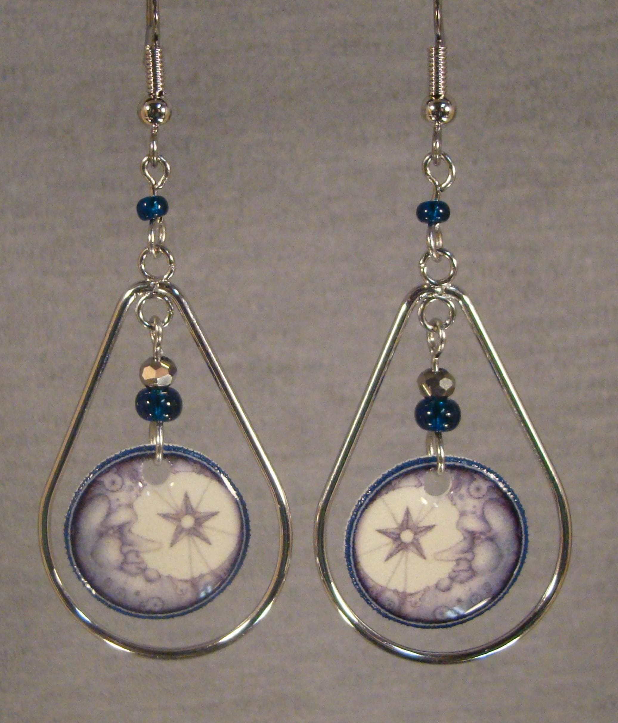 Moon and Stars art Hoop Earrings - Night Sky Drop Earrings - Celestial Body Dangle Earrings - Heavenly body Jewelry