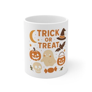 Halloween Trick or Treat Mug, 11oz Coffee Cup for Spooky Season, Cute Pumpkin and Ghost Design, Fall Decor Gift, Autumn Celebration