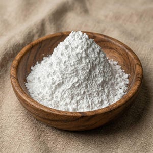 Puede incluir: Un cuenco de madera lleno de un montón de polvo blanco, probablemente harina o una sustancia similar. El cuenco es de madera marrón claro y está sobre una superficie de tela beige. El polvo tiene un aspecto fino y texturizado.