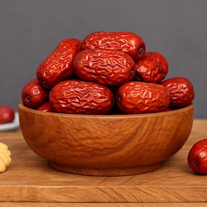 Puede incluir: Un cuenco de madera lleno de dátiles rojos frescos. Los dátiles tienen una textura arrugada y están apilados en el cuenco. El cuenco está sobre una superficie de madera, con un fondo gris neutro.