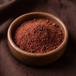 Puede incluir: Un cuenco de madera lleno de polvo marrón rojizo, probablemente cacao o una especia similar, descansa sobre una tela marrón oscura. La veta de la madera del cuenco contrasta con la fina textura del polvo, creando una estética cálida y terrosa.