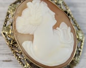 Antique 14K Yellow Gold Carved Shell Cameo Brooch Lady Harp Filigree Pendant Luxury