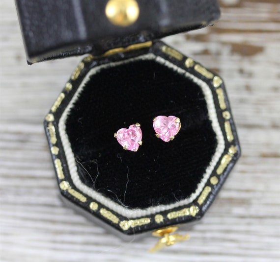 Vintage Pink CZ Heart 14K Yellow Gold Stud Earrin… - image 1