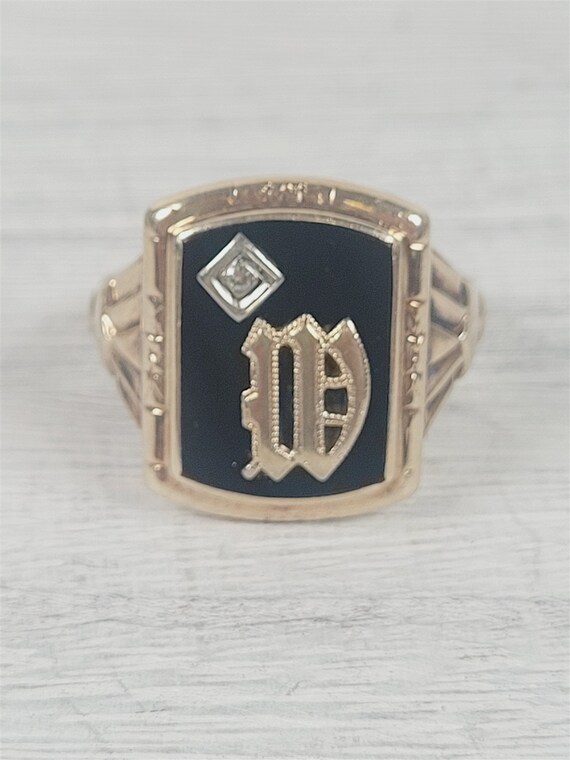 Art Deco W Initial 10K Yellow Gold Ring 11.5 Blac… - image 1