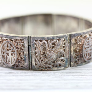 Antique Chinese Export Sterling Silver 925 Panel Link Bracelet Bamboo Flower Pretty 6 1/2 in
