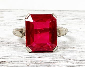 Antique Art Deco Filigree 14K White Gold Red Sapphire Ring 5.5 Amazing Luxury