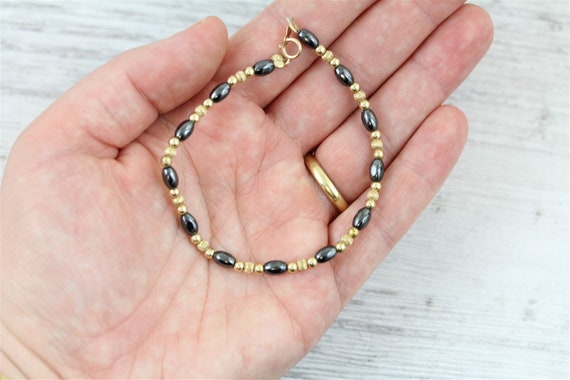 Vintage Hematite Ribbed Bead 14K Yellow Gold Brac… - image 4