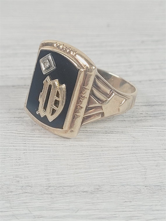 Art Deco W Initial 10K Yellow Gold Ring 11.5 Blac… - image 2