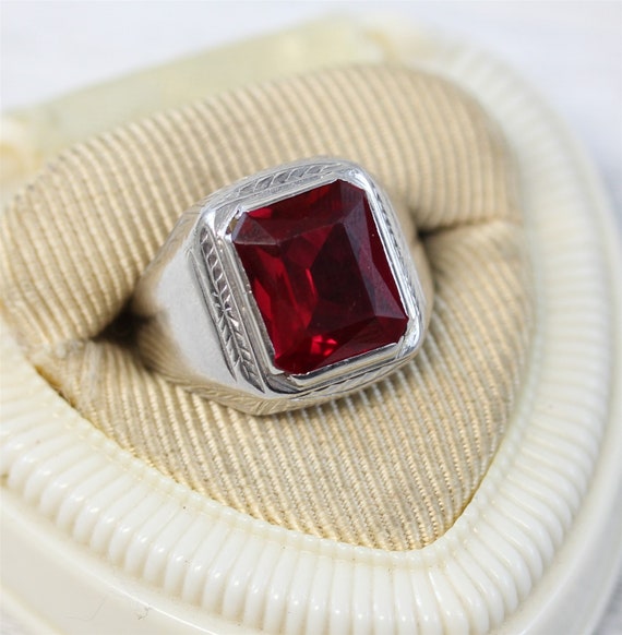 Vintage Art Deco 14K White Gold Ruby Ring 7 Etched