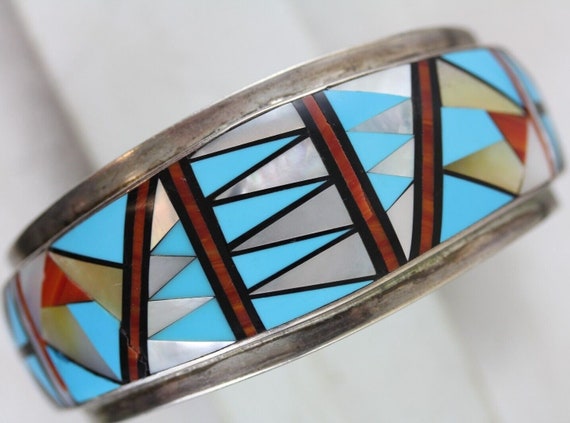 Eyecatching Vintage Native American Zuni Blue Gem Turquoise Coral Jet Sterling Silver Bracelet Eyecatching Vintage Native American Zuni Blue Gem Turquoise Coral Jet Sterling Silver Bracelet