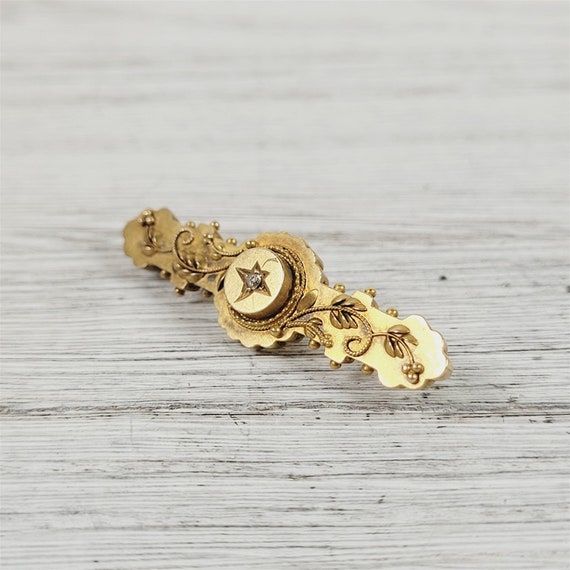 Antique Victorian Diamond 15K Gold Brooch Pin Hal… - image 2
