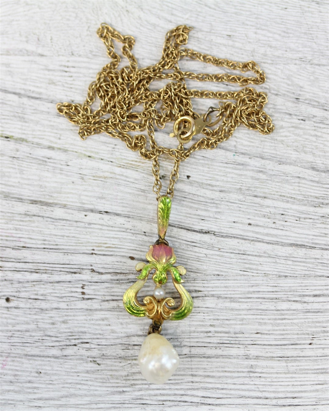 Art Nouveau 14K Yellow Gold Baroque Pearl Enamel Dangle Necklace ...