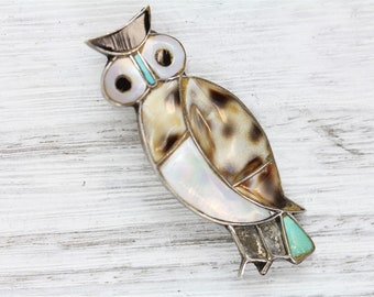 Vintage Native Indian Sterling Silver 925 Shell Turquoise Mop Owl Brooch Pin Pretty Retro Classic Staple