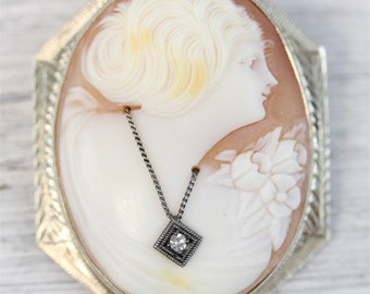 Art Deco 14K White Gold Carved Shell Cameo Brooch Etched Necklace Luxury