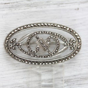 Art Deco Sterling Silver 925 Marcasite Brooch Pin Pretty Open Work Classic Staple