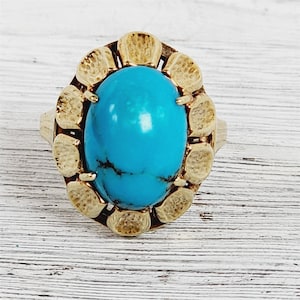 Vintage 14K Yellow Gold Turquoise Ring 7.25 Mid Century Retro Statement Luxury