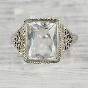 Art Deco Filigree Aquamarine 14K White Gold Ring 7.75 Luxury Design Pretty