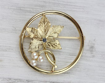 Vintage 40's 14K Yellow Gold Sapphire Pearls Leaf Brooch Pin Pretty Retro Luxury Classic Beautiful