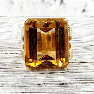 Vintage 1960&#39;S Modernist 14K Yellow Gold Huge Citrine Ring 10 Retro Luxury Gem European Made