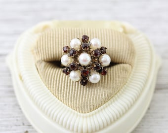 Vintage Retro 10K Yellow Gold Garnet,Pearl Cluster Tier Ring Star Luxury 6 Beautiful Design