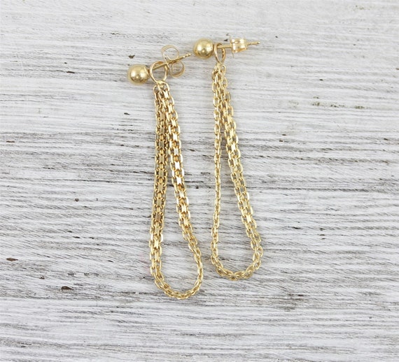 Vintage Chain Dangle 14K Yellow Gold Dangle Earri… - image 2