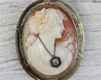 Art Deco 14K White Gold Carved Shell Cameo Brooch Filigree Pendant Pretty Lady