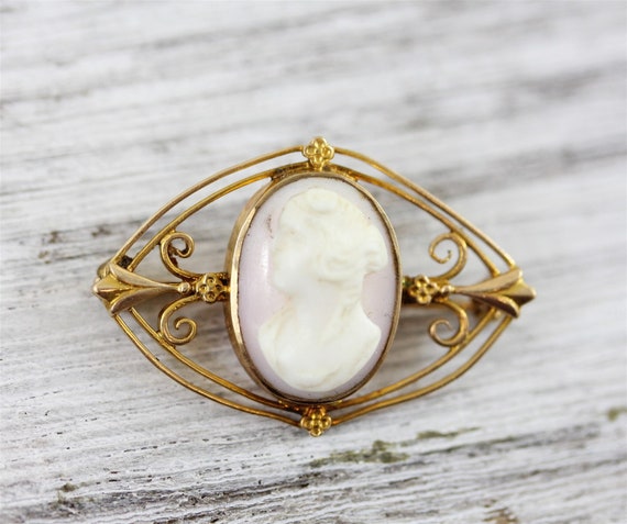 Antique Cameo 10K Gold Shell Brooch Pin Art Deco … - image 5