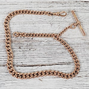 Antique English 9K Rose Gold Watch Chain Link Necklace 14&quot; Bar Dog Clip Heavy