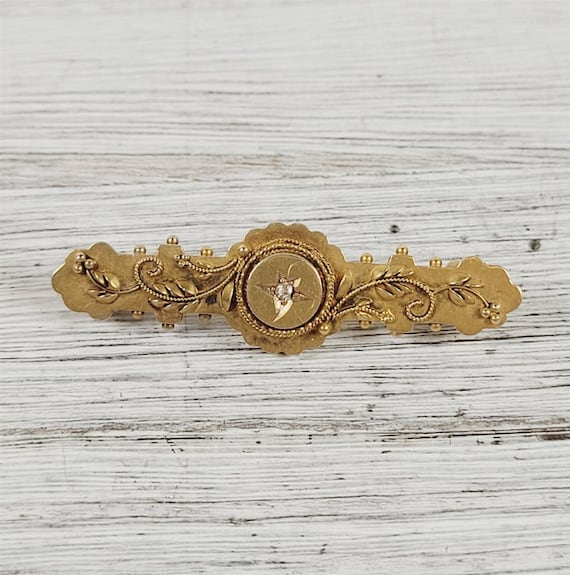 Antique Victorian Diamond 15K Gold Brooch Pin Hal… - image 1
