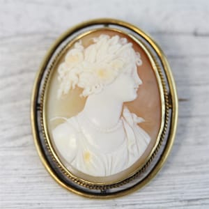 Victorian 14K Yellow Gold Carved Shell Cameo Brooch Finest Detail Lady Luxury