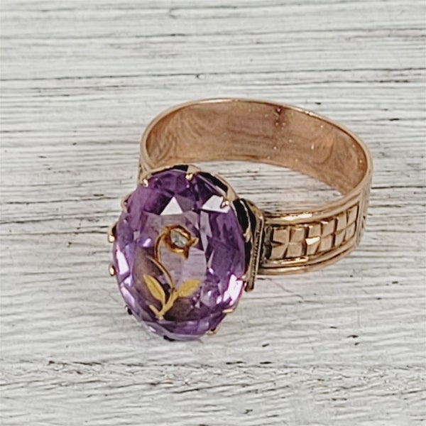 Victorian Rose of Sharon 10K Rose Gold Ring 6.5 Antique Amethyst Diamond Luxury