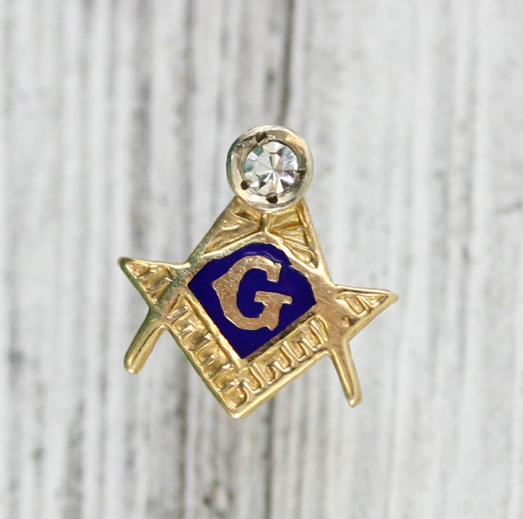 Vintage Masonic G Compass Ruler Lapel 14K Yellow Gold Blue Enamel Topaz ...