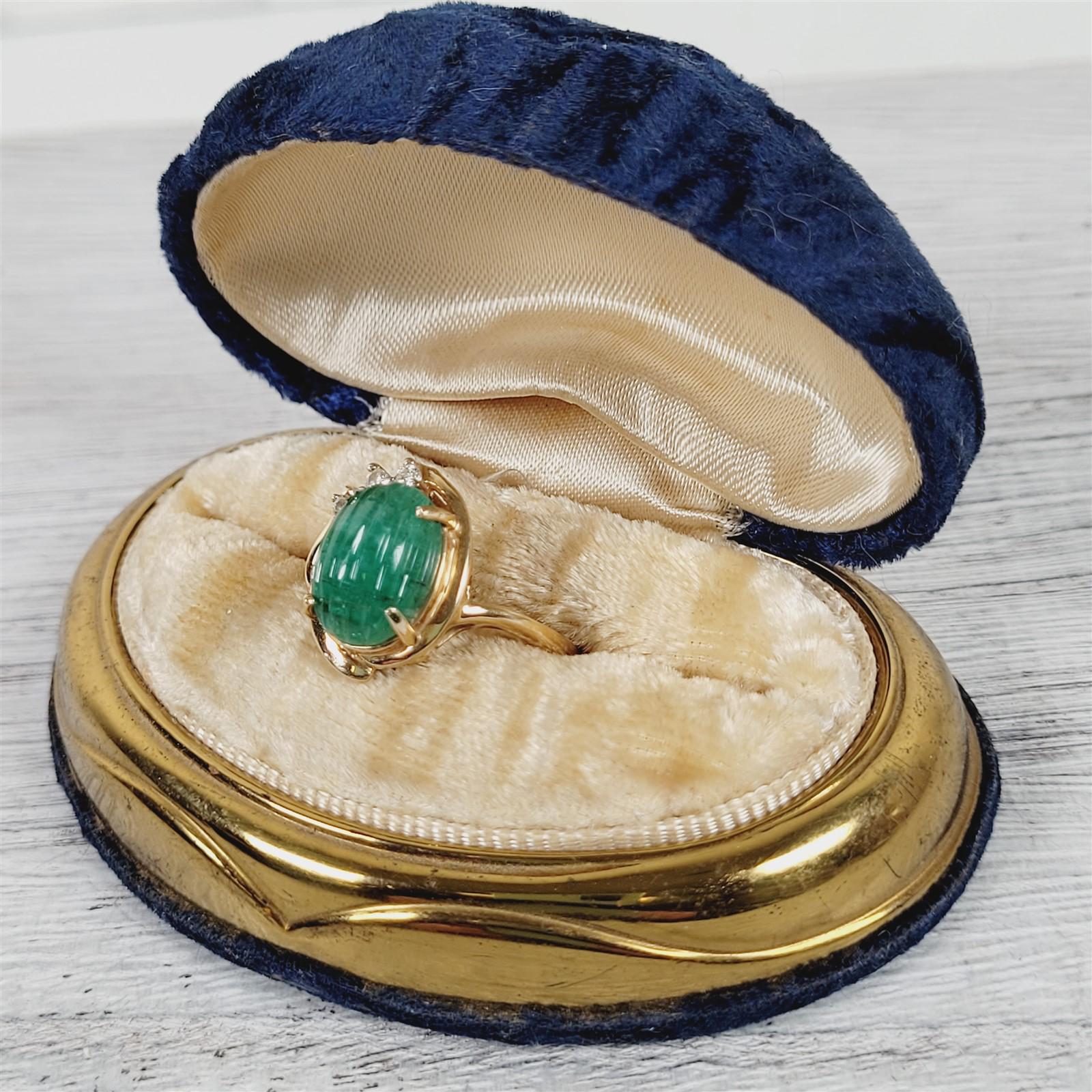Bague En Or Jaune 14k (585) Avec Vraie Jade Et Diamant 0.10 Carat - Taille 54, Largeur 6mm